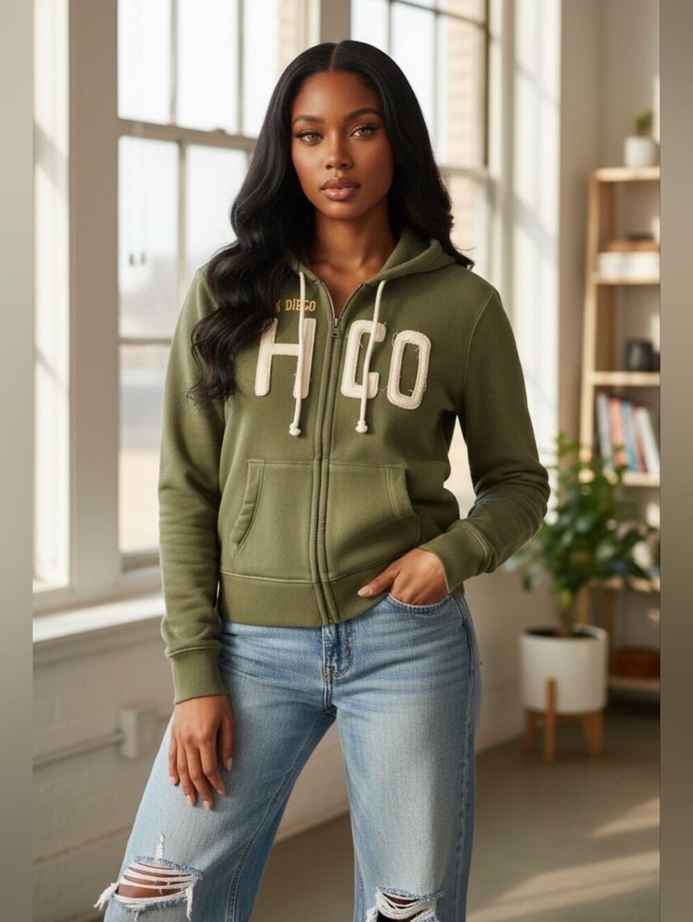 Hollister HCO Olive Green Logo Full Zip Hoodie Sweatshirt Size XL